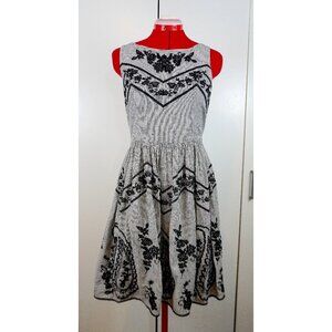 ModCloth (K Derhy) Grey & White Stripe Dress with Black Lacey Appliqué